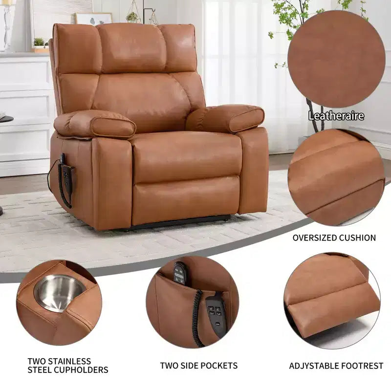 Fauteuils inclinables électriques releveurs à double moteur et position infinie en chenille beige avec massage thermique, jusqu'à 158 kg, avec porte-gobelets cachés