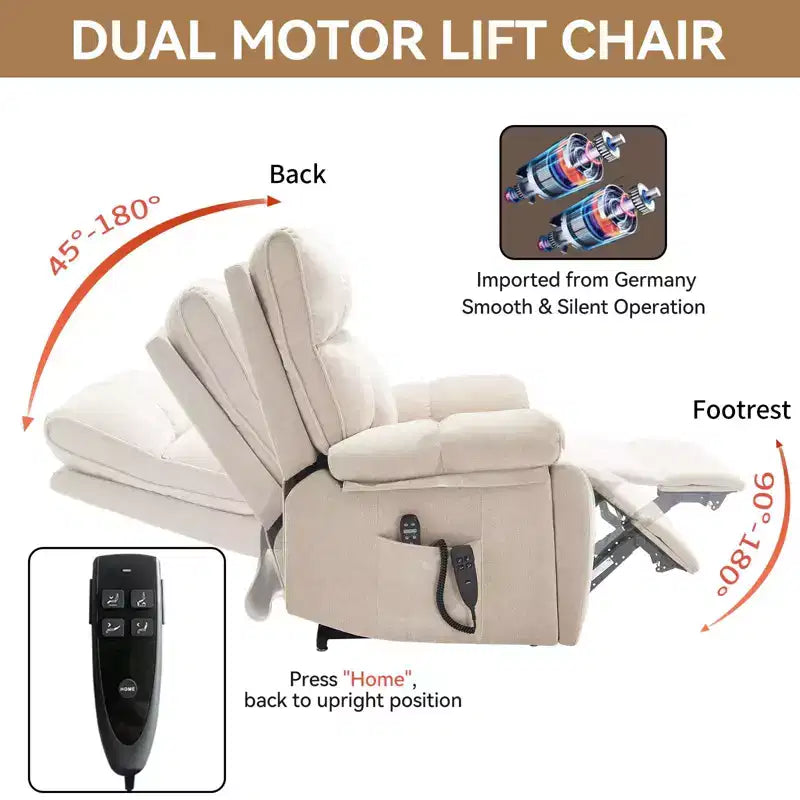 Fauteuils inclinables électriques releveurs à double moteur et position infinie en chenille beige avec massage thermique, jusqu'à 158 kg, avec porte-gobelets cachés