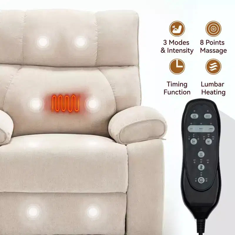 Fauteuils inclinables électriques releveurs à double moteur et position infinie en chenille beige avec massage thermique, jusqu'à 158 kg, avec porte-gobelets cachés