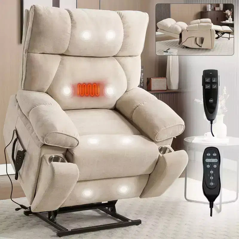 Beige Chenille Heat Massage Dual Motor Infinite Position Up to 350 LBS Large Electric Power Lift Recliners with Hidden Cup Holders