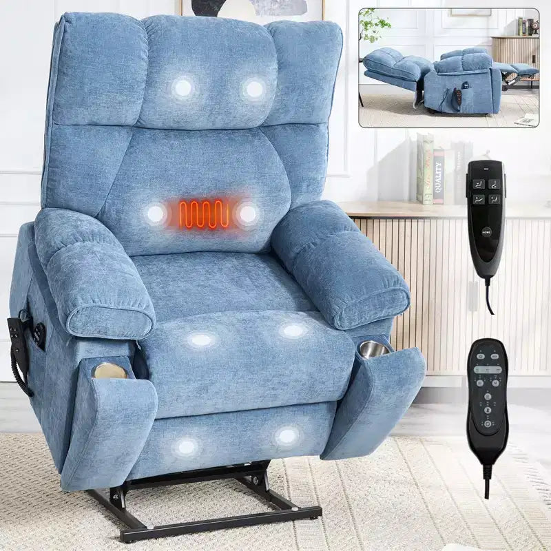 Fauteuils inclinables électriques releveurs à double moteur et position infinie en chenille beige avec massage thermique, jusqu'à 158 kg, avec porte-gobelets cachés