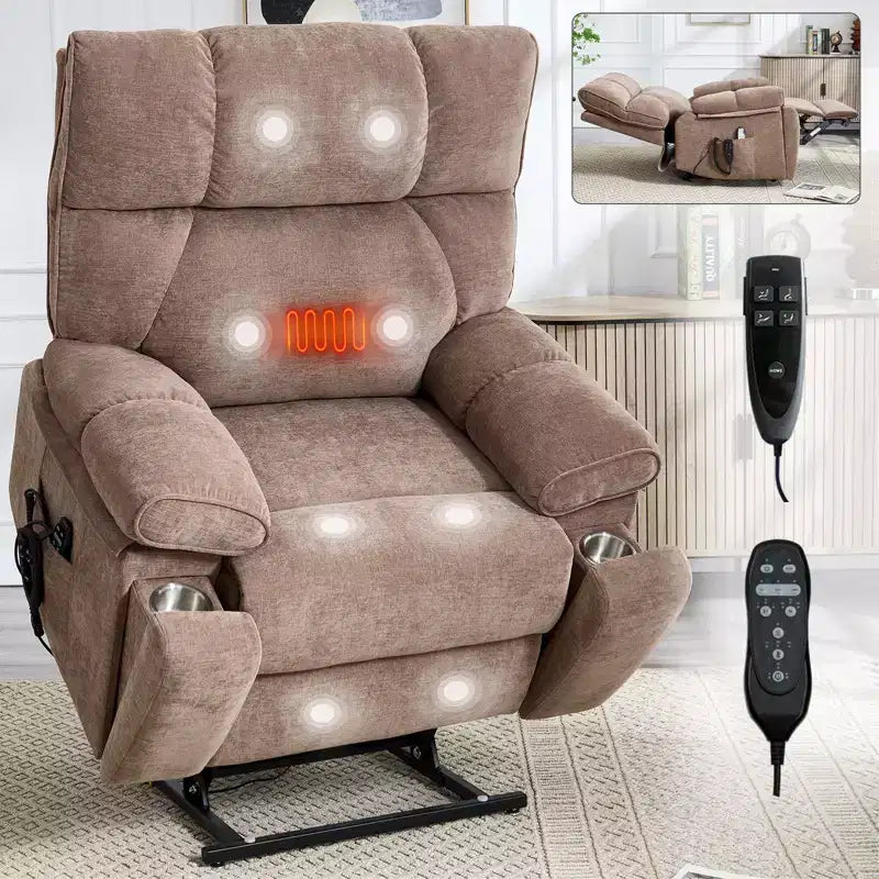 Fauteuils inclinables électriques releveurs à double moteur et position infinie en chenille beige avec massage thermique, jusqu'à 158 kg, avec porte-gobelets cachés