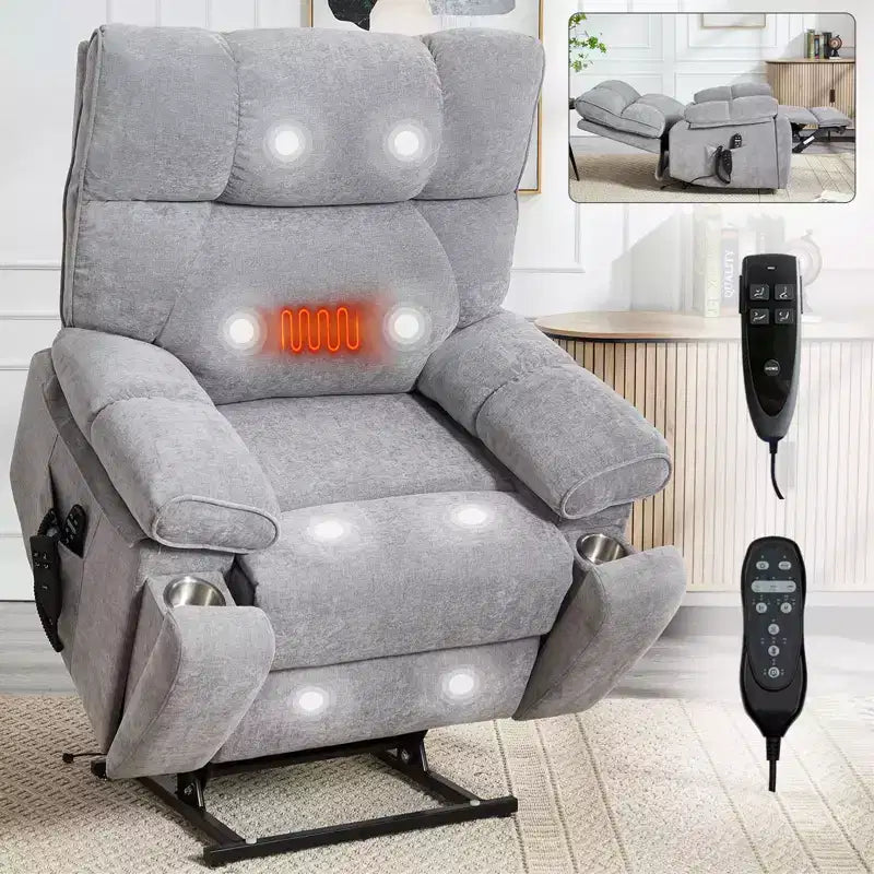 Fauteuils inclinables électriques releveurs à double moteur et position infinie en chenille beige avec massage thermique, jusqu'à 158 kg, avec porte-gobelets cachés
