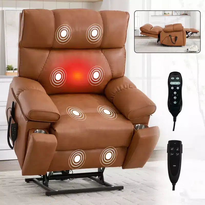 Fauteuils inclinables électriques releveurs à double moteur et position infinie en chenille beige avec massage thermique, jusqu'à 158 kg, avec porte-gobelets cachés