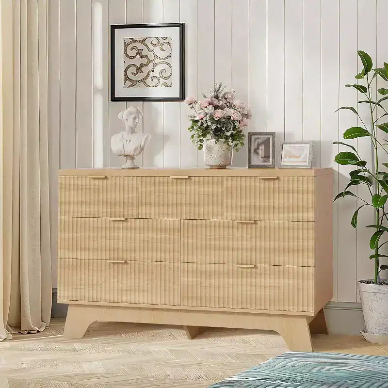47-inch Drawer Bedroom Dressing Table, Medieval Modern Golden Handle Dressing Table, Grooved Dressing Cabinet, Oak Storage Cabinet