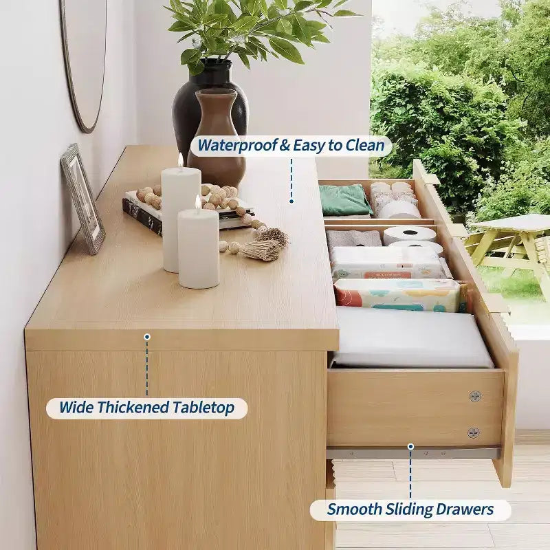Coiffeuse de chambre à coucher à tiroirs de 47 pouces, coiffeuse moderne médiévale à poignée dorée, armoire à tiroirs rainurés, armoire de rangement en chêne