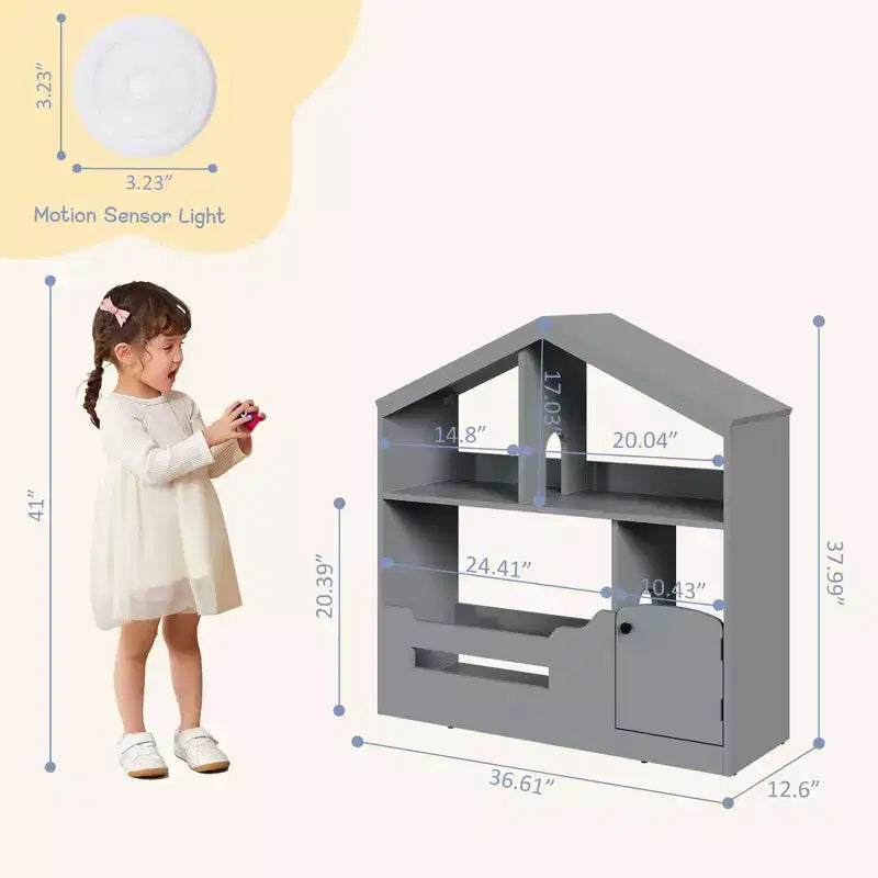 Étagère à livres pour enfants à 2 niveaux avec capteur de mouvement - Étagère à livres en bois, Organisateur de rangement de jouets, Présentoir à livres pour chambres d'enfants, salles de classe, salles de jeux