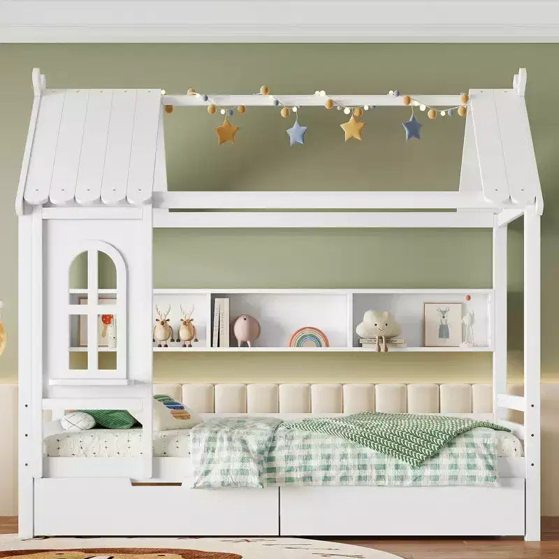 Lit cabane double/grand en bois massif avec tiroirs/étagères de rangement, design de fenêtre enfantin