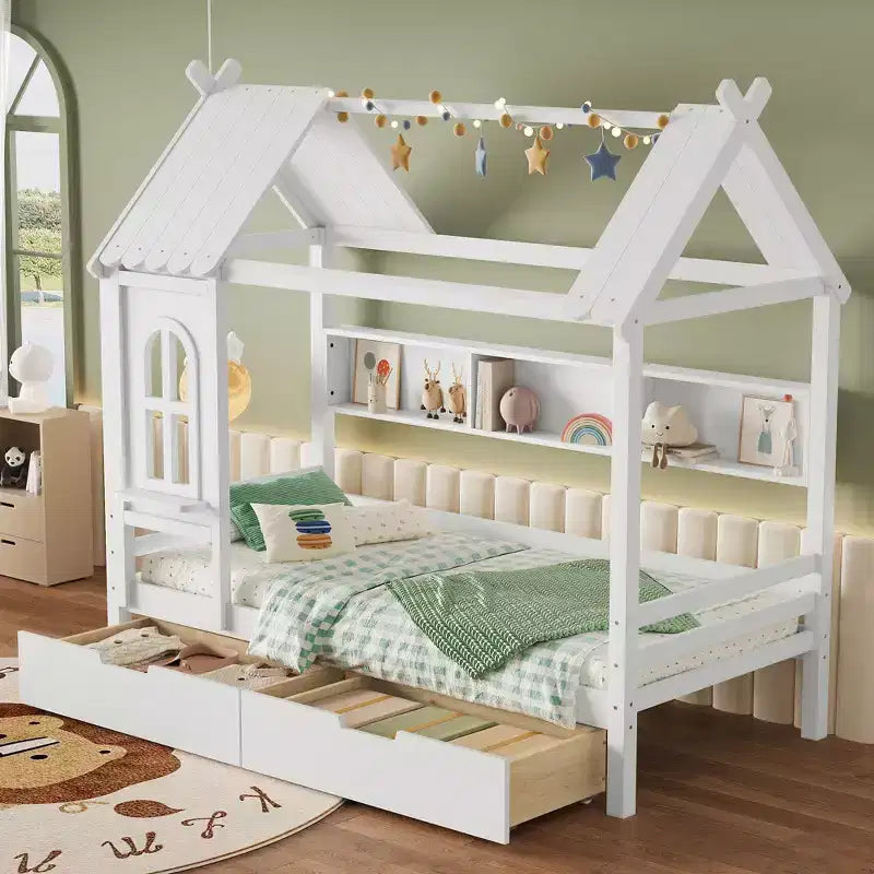 Lit cabane double/grand en bois massif avec tiroirs/étagères de rangement, design de fenêtre enfantin