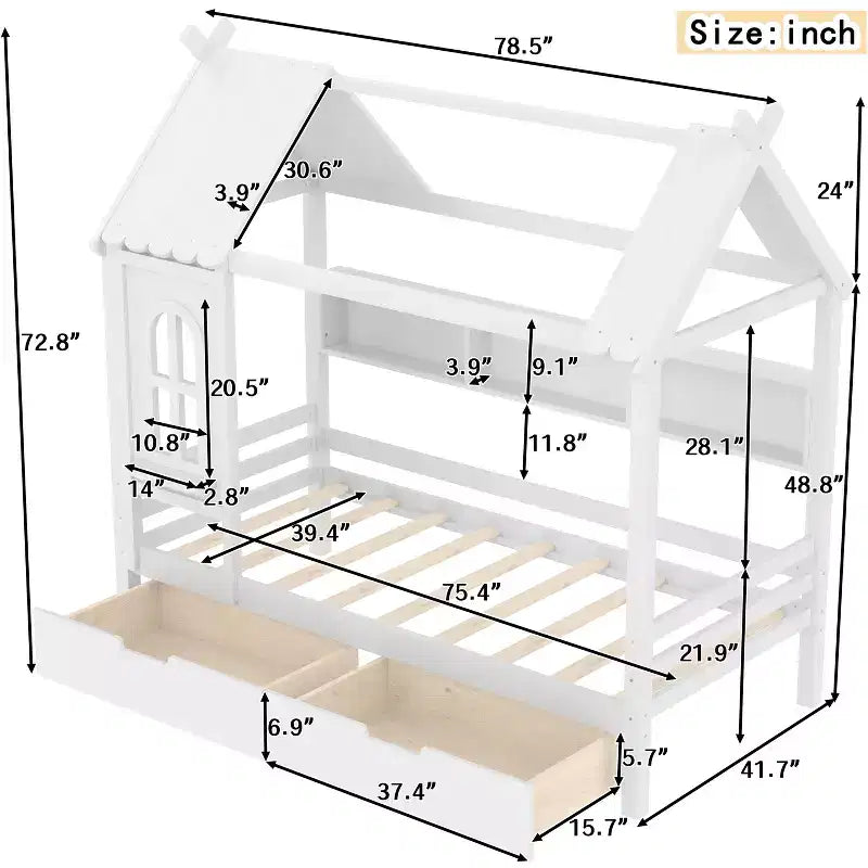 Lit cabane double/grand en bois massif avec tiroirs/étagères de rangement, design de fenêtre enfantin