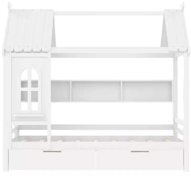 Lit cabane double/grand en bois massif avec tiroirs/étagères de rangement, design de fenêtre enfantin