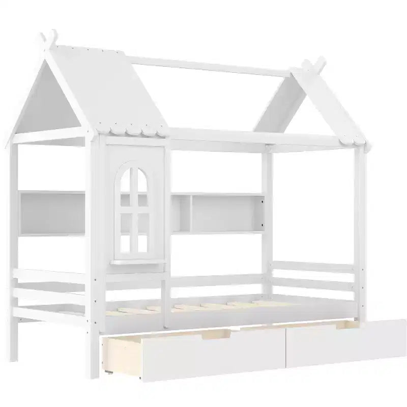 Lit cabane double/grand en bois massif avec tiroirs/étagères de rangement, design de fenêtre enfantin
