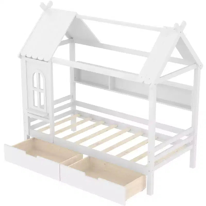 Lit cabane double/grand en bois massif avec tiroirs/étagères de rangement, design de fenêtre enfantin