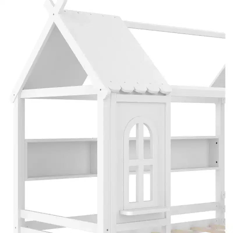 Lit cabane double/grand en bois massif avec tiroirs/étagères de rangement, design de fenêtre enfantin