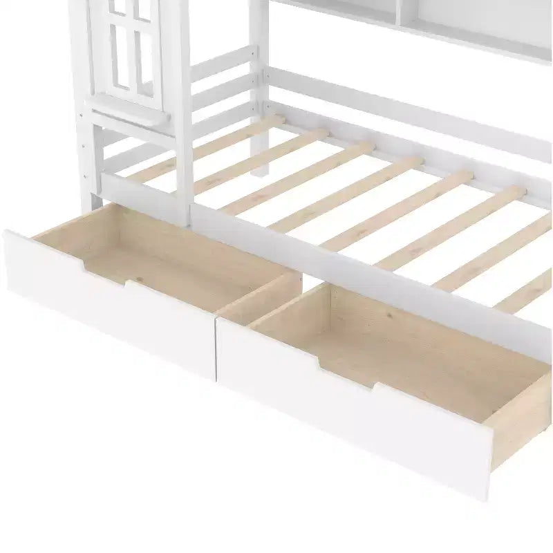 Lit cabane double/grand en bois massif avec tiroirs/étagères de rangement, design de fenêtre enfantin
