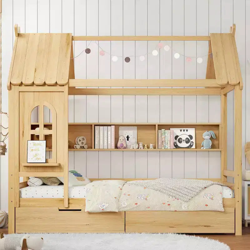 Lit cabane double/grand en bois massif avec tiroirs/étagères de rangement, design de fenêtre enfantin