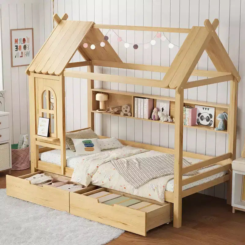 Lit cabane double/grand en bois massif avec tiroirs/étagères de rangement, design de fenêtre enfantin