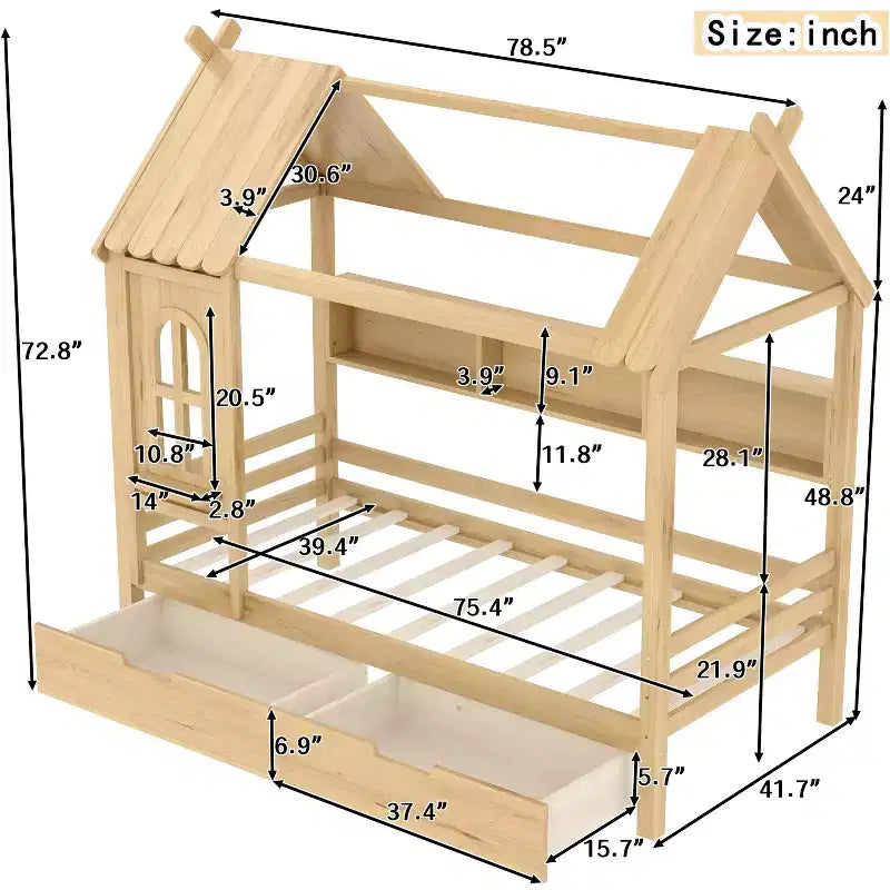 Lit cabane double/grand en bois massif avec tiroirs/étagères de rangement, design de fenêtre enfantin