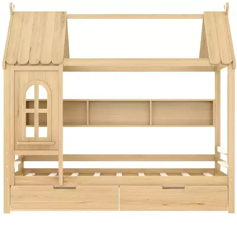 Lit cabane double/grand en bois massif avec tiroirs/étagères de rangement, design de fenêtre enfantin