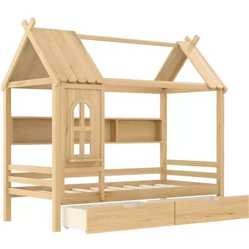 Lit cabane double/grand en bois massif avec tiroirs/étagères de rangement, design de fenêtre enfantin