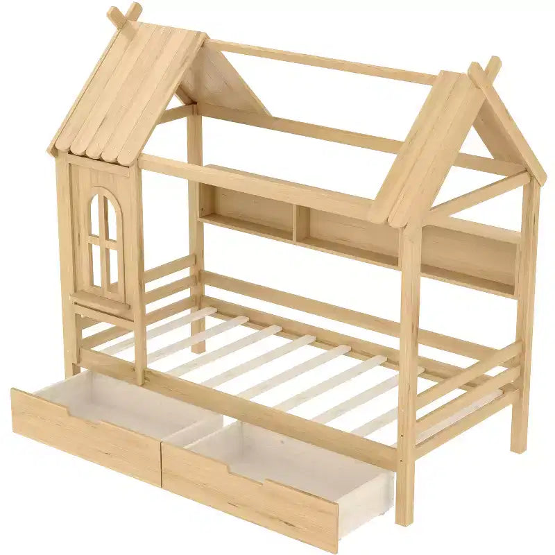 Lit cabane double/grand en bois massif avec tiroirs/étagères de rangement, design de fenêtre enfantin