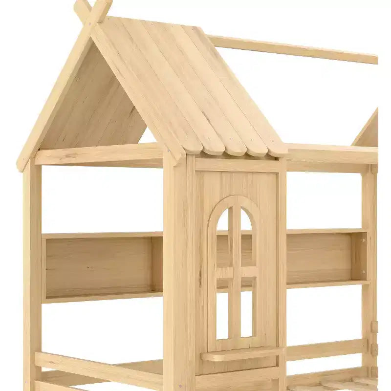 Lit cabane double/grand en bois massif avec tiroirs/étagères de rangement, design de fenêtre enfantin