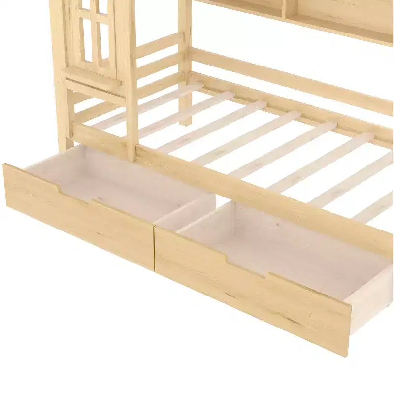 Lit cabane double/grand en bois massif avec tiroirs/étagères de rangement, design de fenêtre enfantin