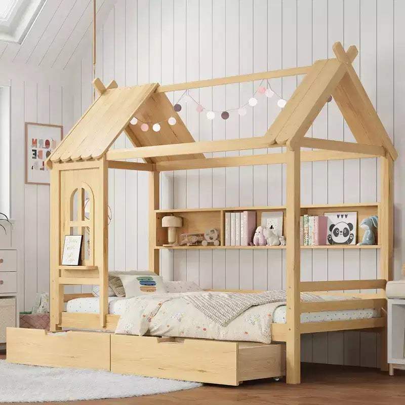 Twin/Full House Bed Solid Wood Platform Bed Frame with Storage Drawers/Shelves, Childlike Window Design - ModernLuxe