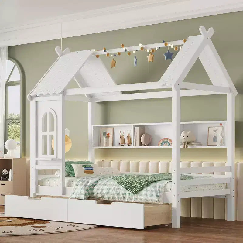 Lit cabane double/grand en bois massif avec tiroirs/étagères de rangement, design de fenêtre enfantin