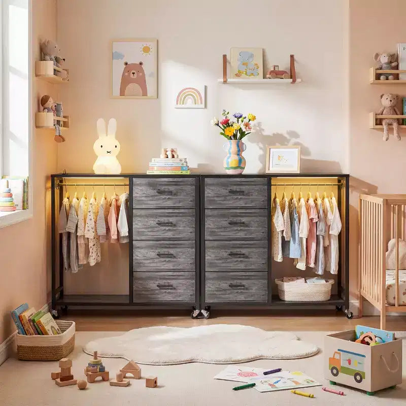 Portant à vêtements, commodes avec station de charge et éclairage LED, commode à 4 tiroirs pour chambre à coucher