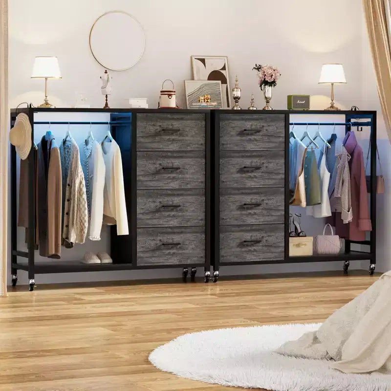 Portant à vêtements, commodes avec station de charge et éclairage LED, commode à 4 tiroirs pour chambre à coucher