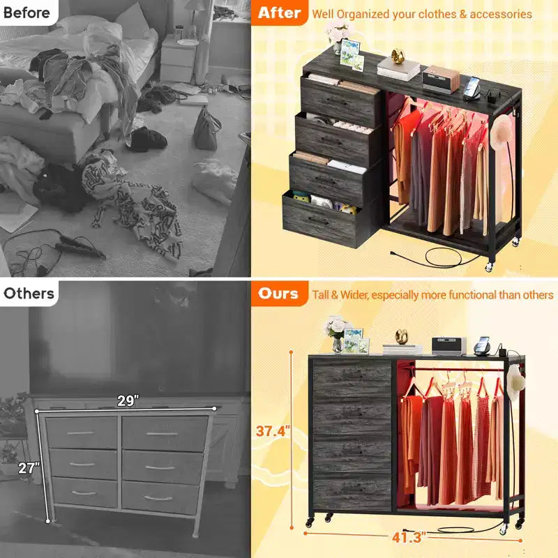Portant à vêtements, commodes avec station de charge et éclairage LED, commode à 4 tiroirs pour chambre à coucher