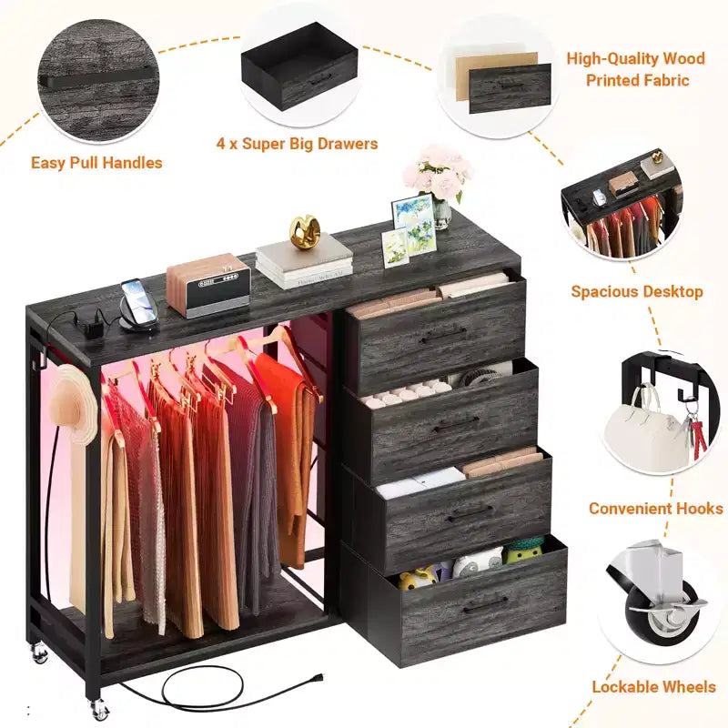 Portant à vêtements, commodes avec station de charge et éclairage LED, commode à 4 tiroirs pour chambre à coucher