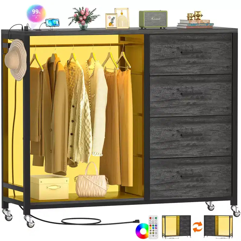 Portant à vêtements, commodes avec station de charge et éclairage LED, commode à 4 tiroirs pour chambre à coucher