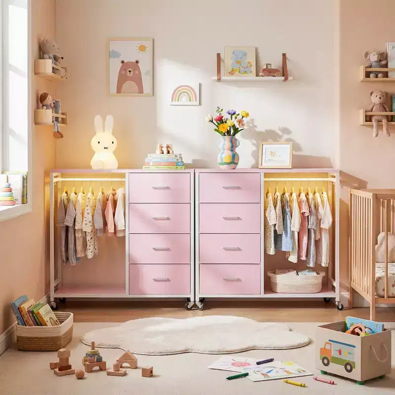 Portant à vêtements, commodes avec station de charge et éclairage LED, commode à 4 tiroirs pour chambre à coucher