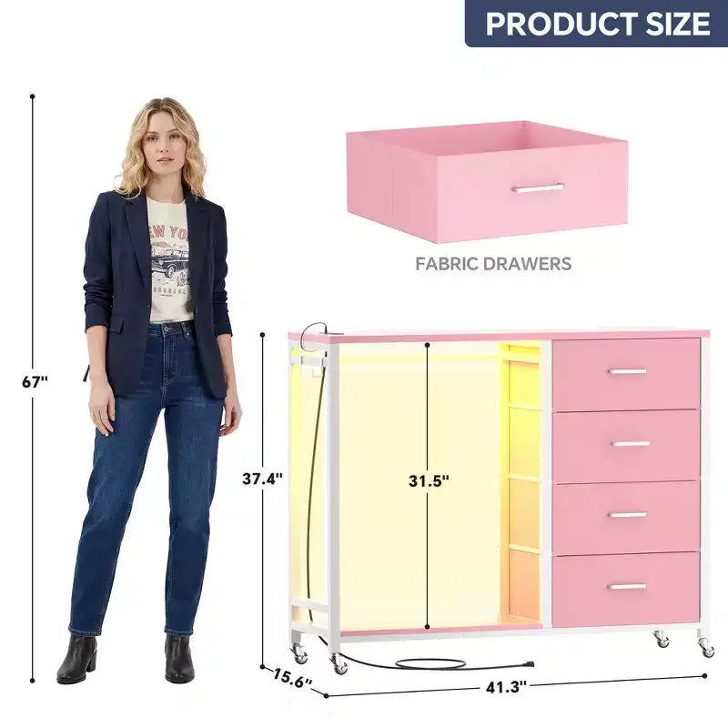 Portant à vêtements, commodes avec station de charge et éclairage LED, commode à 4 tiroirs pour chambre à coucher