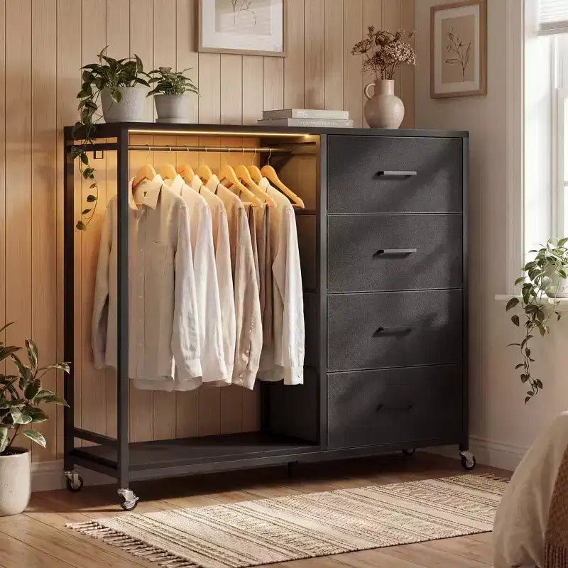 Portant à vêtements, commodes avec station de charge et éclairage LED, commode à 4 tiroirs pour chambre à coucher