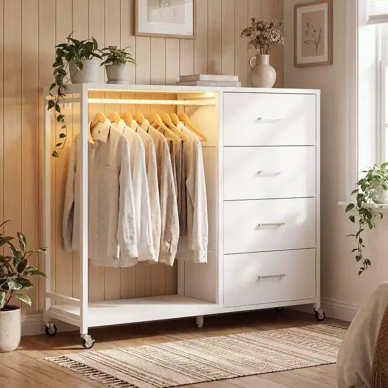 Portant à vêtements, commodes avec station de charge et éclairage LED, commode à 4 tiroirs pour chambre à coucher