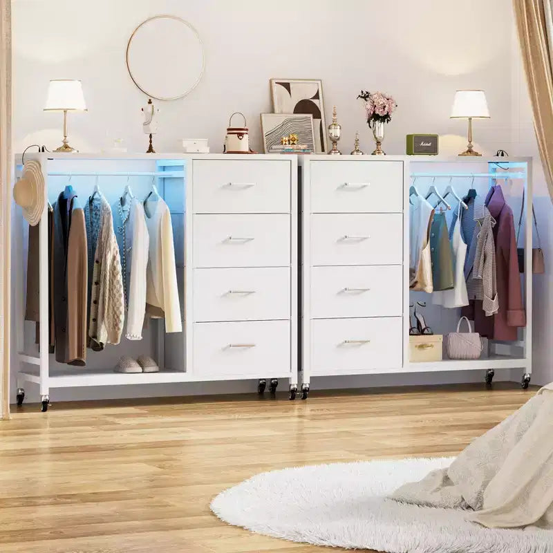 Portant à vêtements, commodes avec station de charge et éclairage LED, commode à 4 tiroirs pour chambre à coucher
