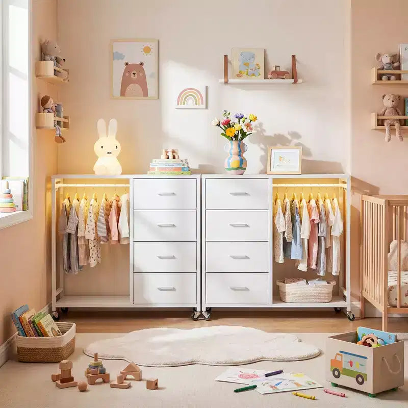 Portant à vêtements, commodes avec station de charge et éclairage LED, commode à 4 tiroirs pour chambre à coucher