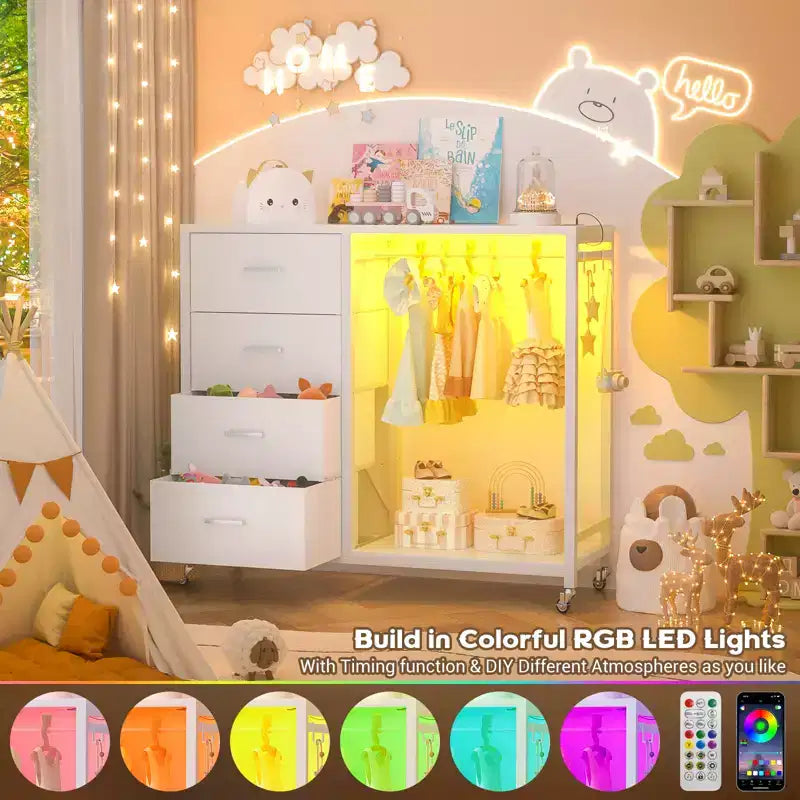 Portant à vêtements, commodes avec station de charge et éclairage LED, commode à 4 tiroirs pour chambre à coucher