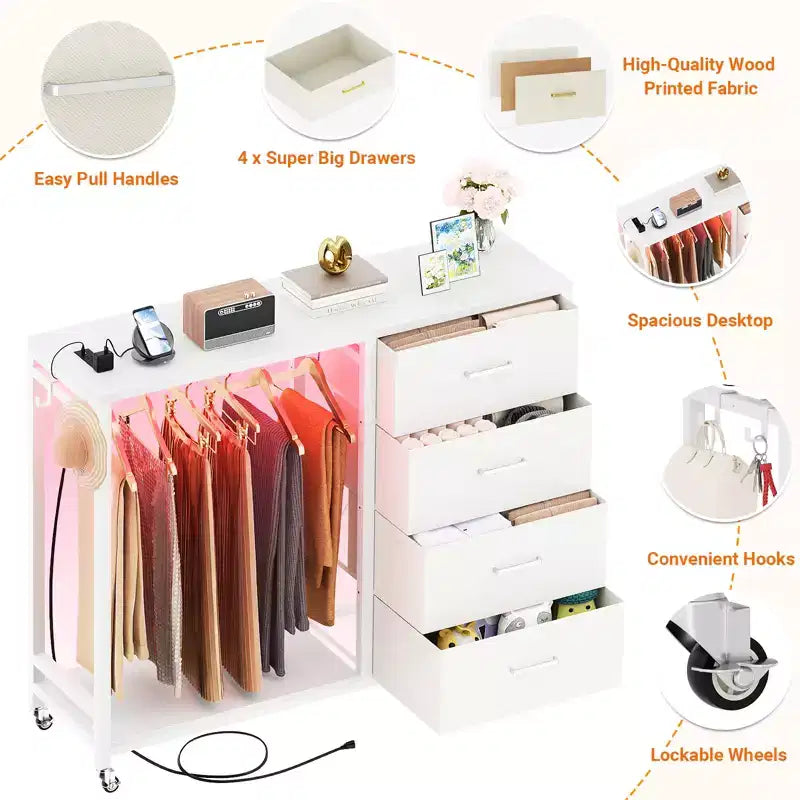 Portant à vêtements, commodes avec station de charge et éclairage LED, commode à 4 tiroirs pour chambre à coucher