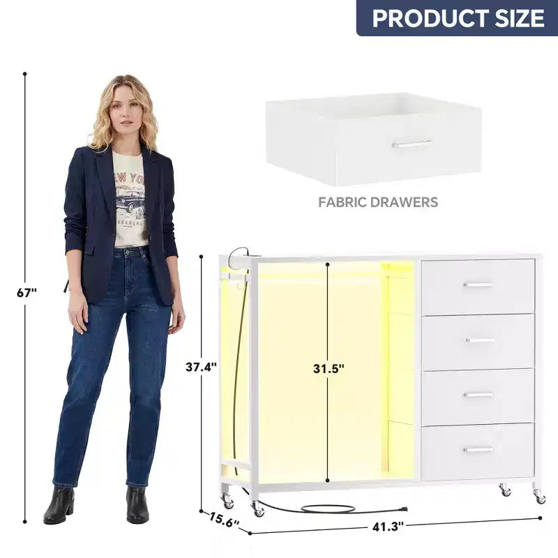Portant à vêtements, commodes avec station de charge et éclairage LED, commode à 4 tiroirs pour chambre à coucher