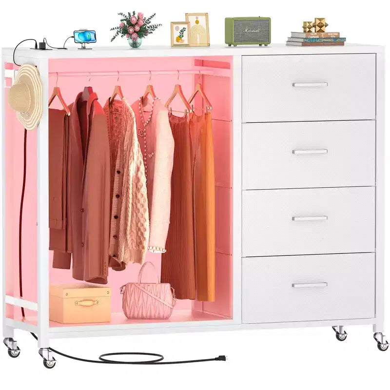 Portant à vêtements, commodes avec station de charge et éclairage LED, commode à 4 tiroirs pour chambre à coucher
