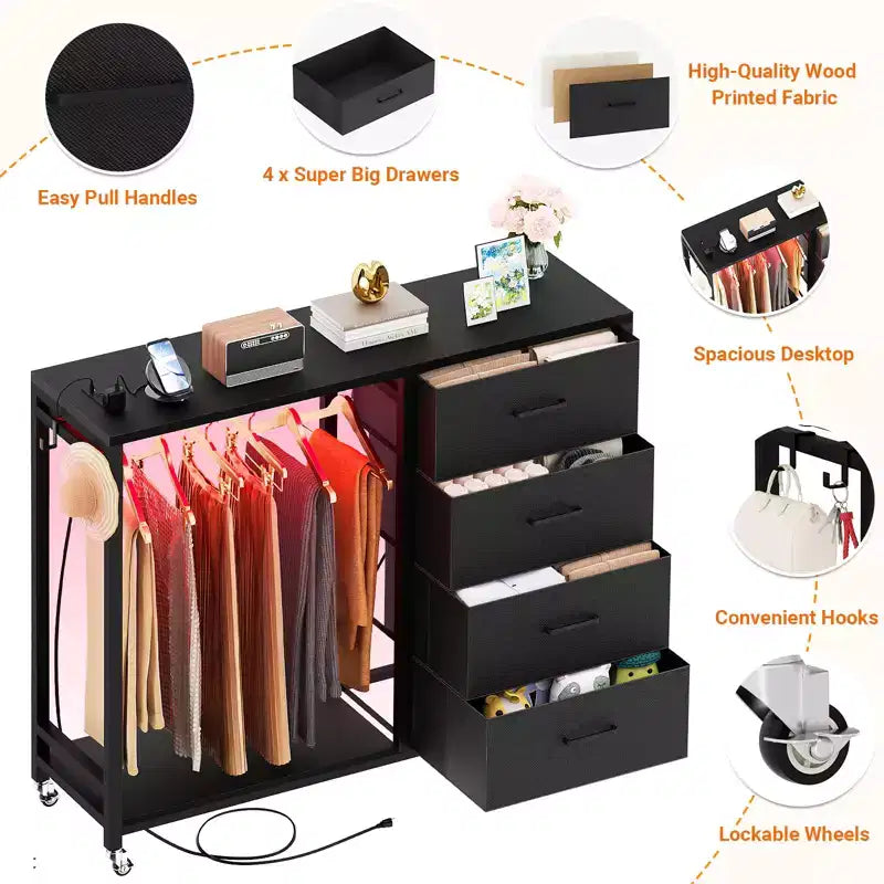 Portant à vêtements, commodes avec station de charge et éclairage LED, commode à 4 tiroirs pour chambre à coucher
