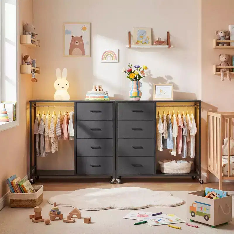 Portant à vêtements, commodes avec station de charge et éclairage LED, commode à 4 tiroirs pour chambre à coucher