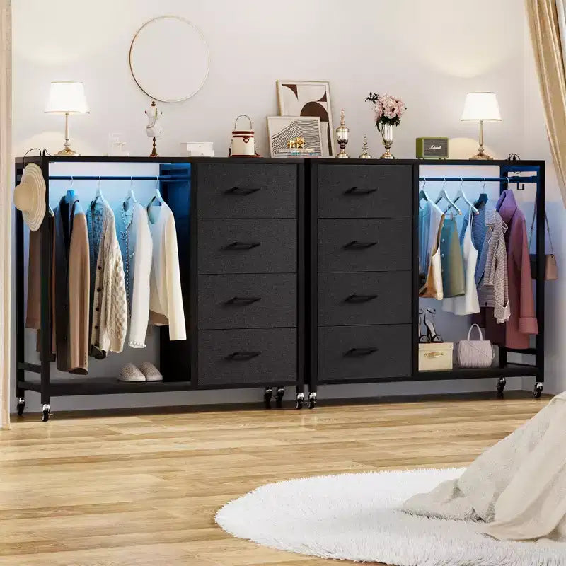 Portant à vêtements, commodes avec station de charge et éclairage LED, commode à 4 tiroirs pour chambre à coucher
