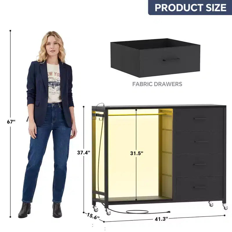 Portant à vêtements, commodes avec station de charge et éclairage LED, commode à 4 tiroirs pour chambre à coucher