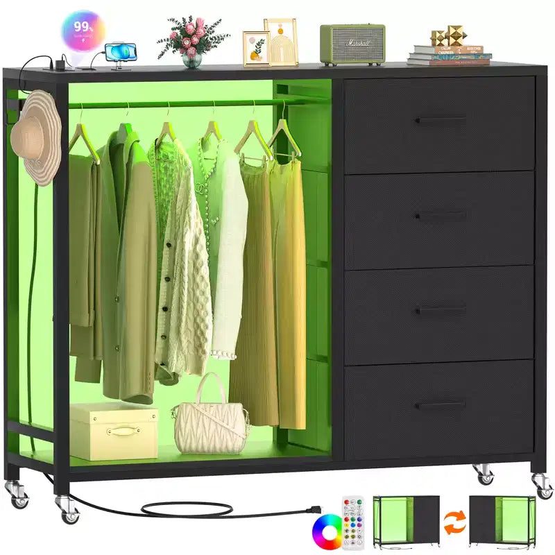 Portant à vêtements, commodes avec station de charge et éclairage LED, commode à 4 tiroirs pour chambre à coucher