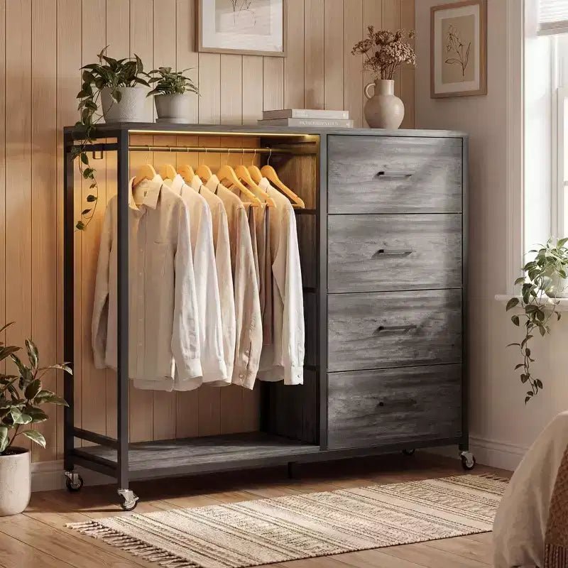 Portant à vêtements, commodes avec station de charge et éclairage LED, commode à 4 tiroirs pour chambre à coucher